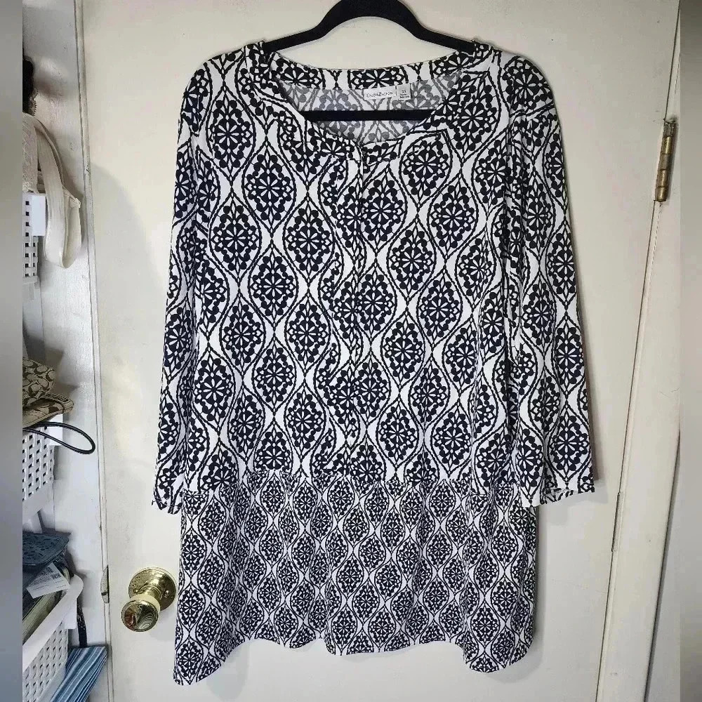 Croft & Barrow White Navy Blue Plus Size 2X 1/2 Button Down Long Sleeve